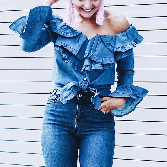 NWOT Chicwish Ruffle Off shoulder Denim Shirt - Picture 1 of 1